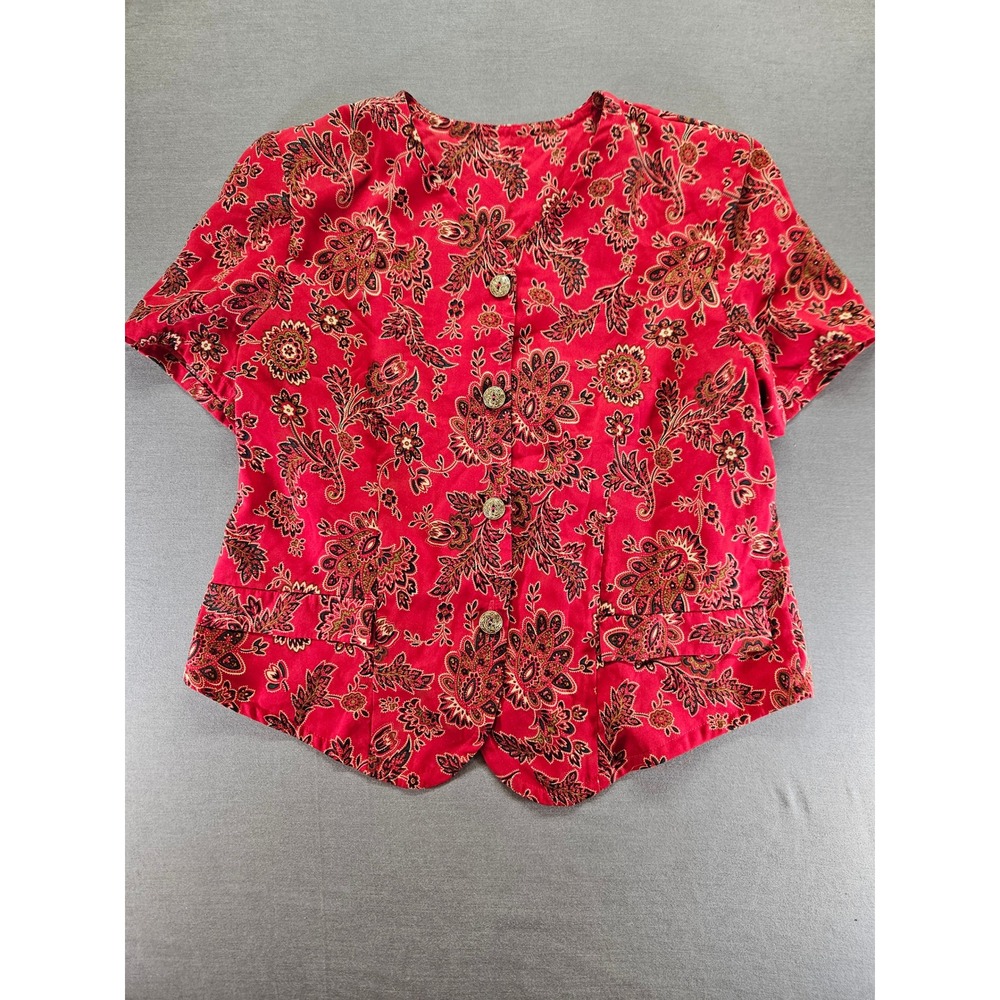 Vintage Red Paisley Floral Button Up Short Sleeve Top Scalloped Hem V-Neck